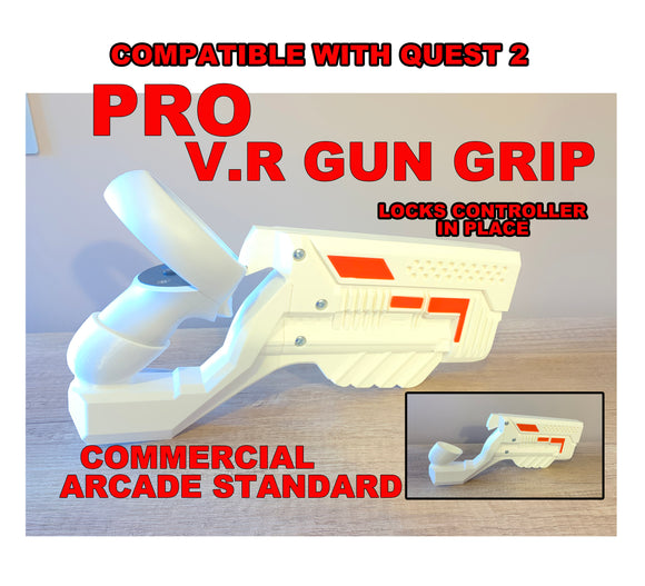 VR Gun Blaster Pistol Grip Pro fits Oculus Quest 2.  Commercial quality. One of a kind. Adds weight and feel to your game.