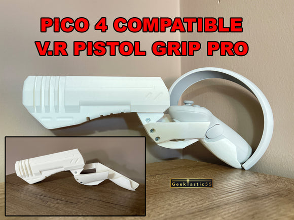 VR Gun Pistol Grip pro fits Pico 4 controllers. VR blaster gunstock. V.R REVOLVER works great with Space Pirate Trainer and other games.